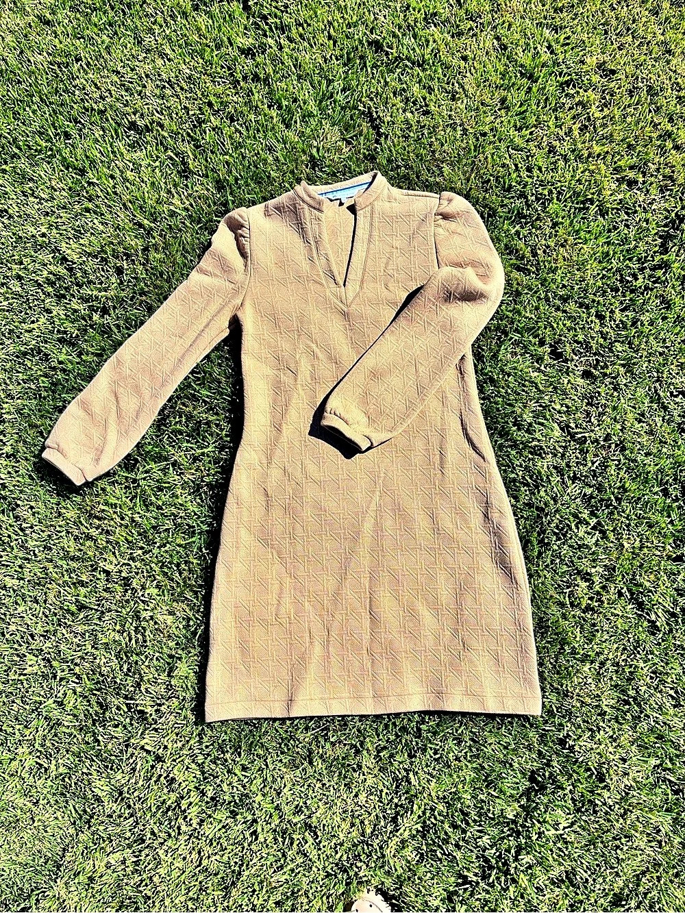 Southern Tide Oren Quilted Dress Geometric Long Sleeve Mini Tan Medium
